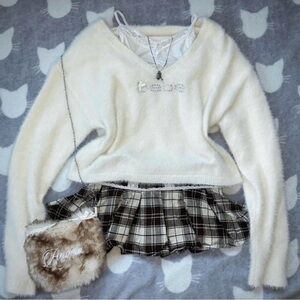 fuzzy white bebe off shoulder sweater ♡